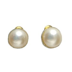 Vintage Faux Pearls Stud Earrings Yellow Gold Plated Clip On